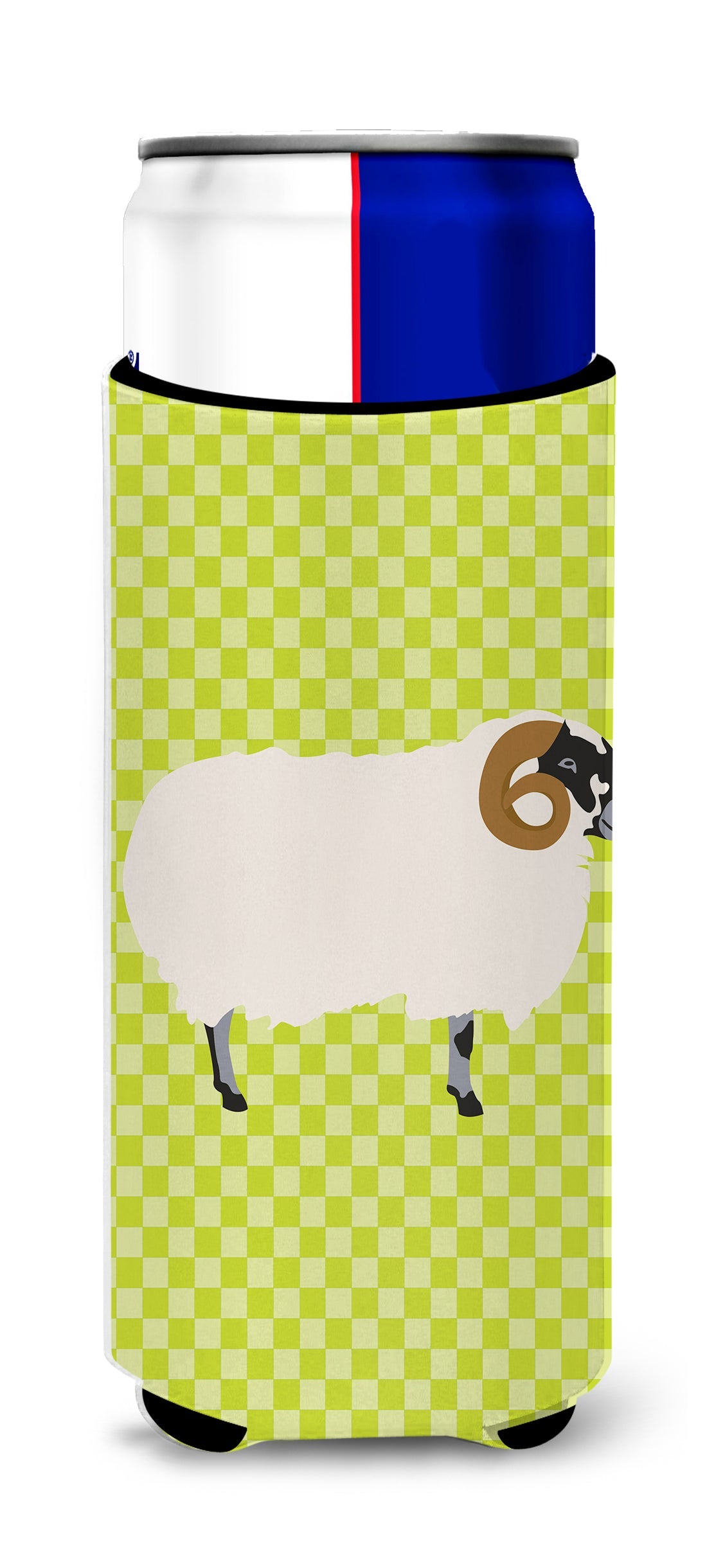 Scottish Blackface Sheep Green Slim Can Hugger , Insulated Foam Hugger for 12 oz Slim Cans, Beer Bottles & Water Bottles, Printed in USA