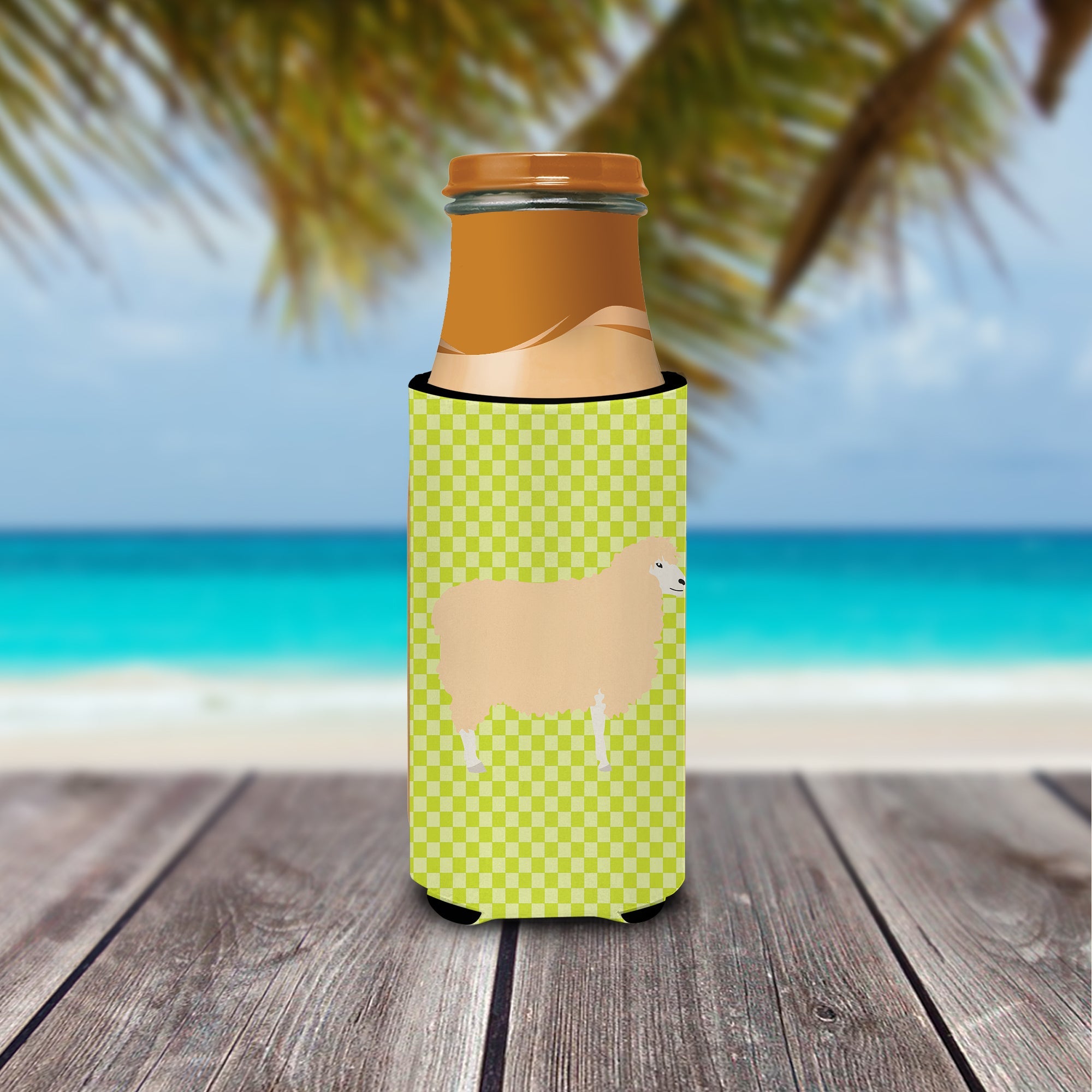 English Leicester Longwool Sheep Green Slim Can Hugger , Insulated Foam Hugger for 12 oz Slim Cans, Beer Bottles & Water Bottles, Printed in USA
