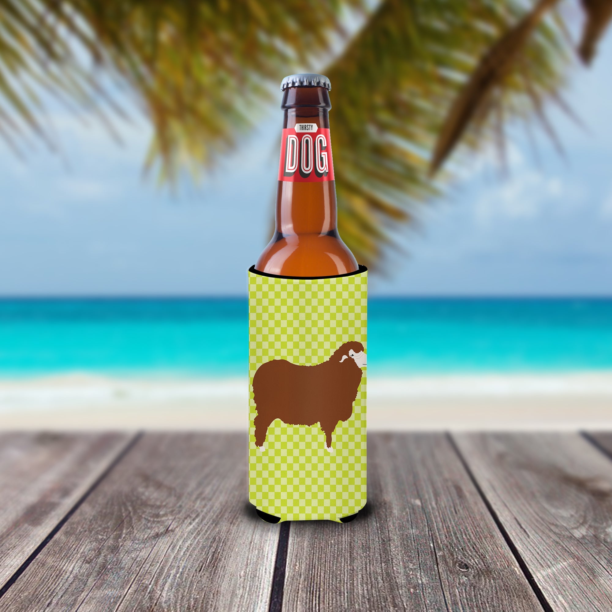 Merino Sheep Green Slim Can Hugger , Insulated Foam Hugger for 12 oz Slim Cans, Beer Bottles & Water Bottles, Printed in USA