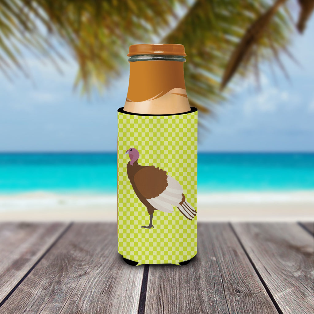 Bourbon Red Turkey Hen Green Slim Can Hugger , Insulated Foam Hugger for 12 oz Slim Cans, Beer Bottles & Water Bottles, Printed in USA