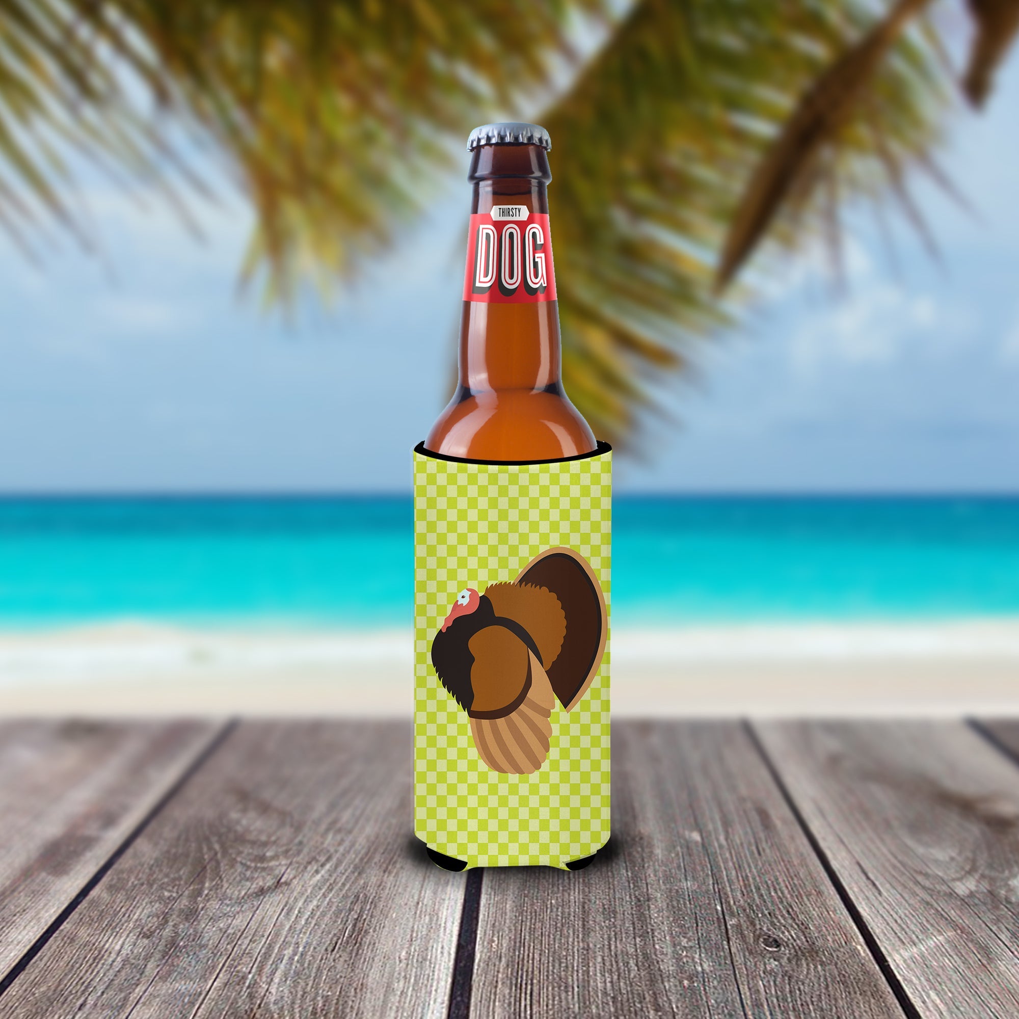 Bronze Turkey Green Slim Can Hugger , Insulated Foam Hugger for 12 oz Slim Cans, Beer Bottles & Water Bottles, Printed in USA