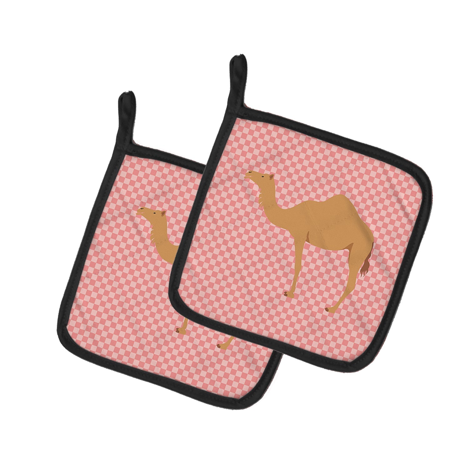 Arabian Camel Dromedary Pink Check Pot Holder Set of 2 Heat Resistant Quilted Hot Pads 7.5 x 7.5 Inch, Insulated Kitchen Trivets for Cooking & Baking