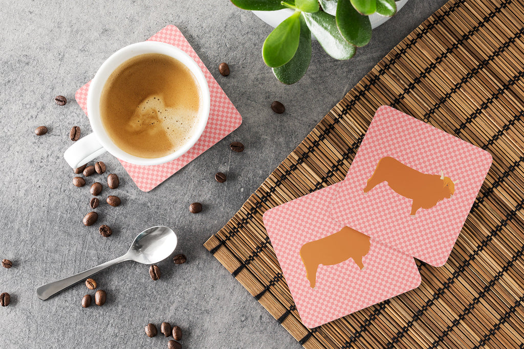 Highland Cow Pink Check Foam Coasters Set of 4 Cup Coasters for Indoor Outdoor, Tabletop Protection, Anti Slip, Mouse pad Material
