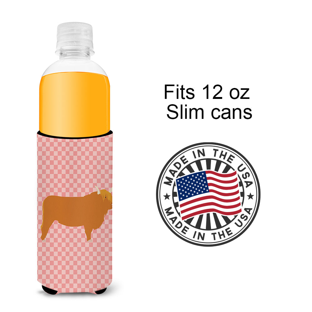 Highland Cow Pink Check Slim Can Hugger , Insulated Foam Hugger for 12 oz Slim Cans, Beer Bottles & Water Bottles, Printed in USA
