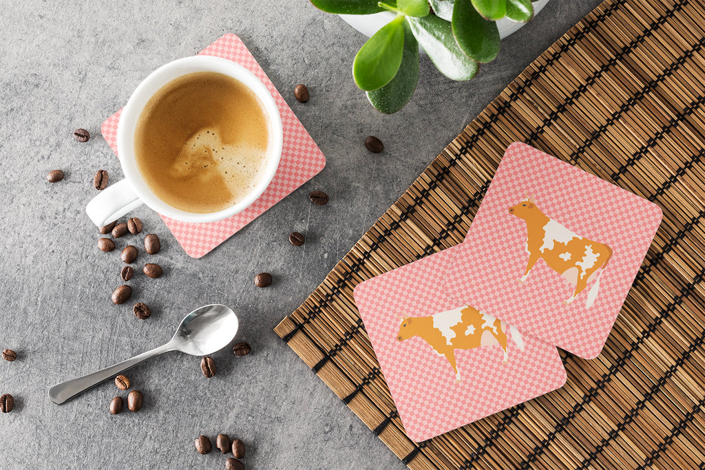 Guernsey Cow Pink Check Foam Coasters Set of 4 Cup Coasters for Indoor Outdoor, Tabletop Protection, Anti Slip, Mouse pad Material