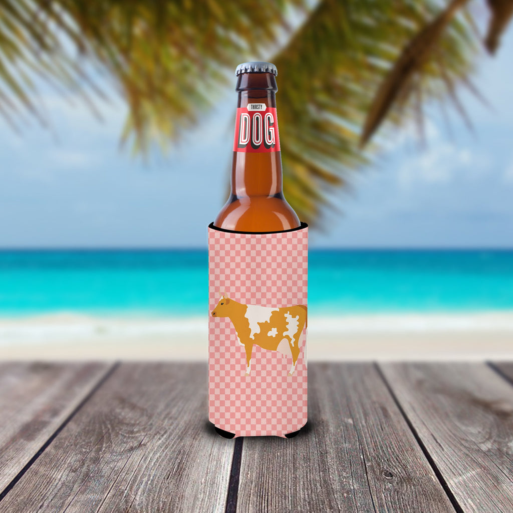 Guernsey Cow Pink Check Slim Can Hugger , Insulated Foam Hugger for 12 oz Slim Cans, Beer Bottles & Water Bottles, Printed in USA