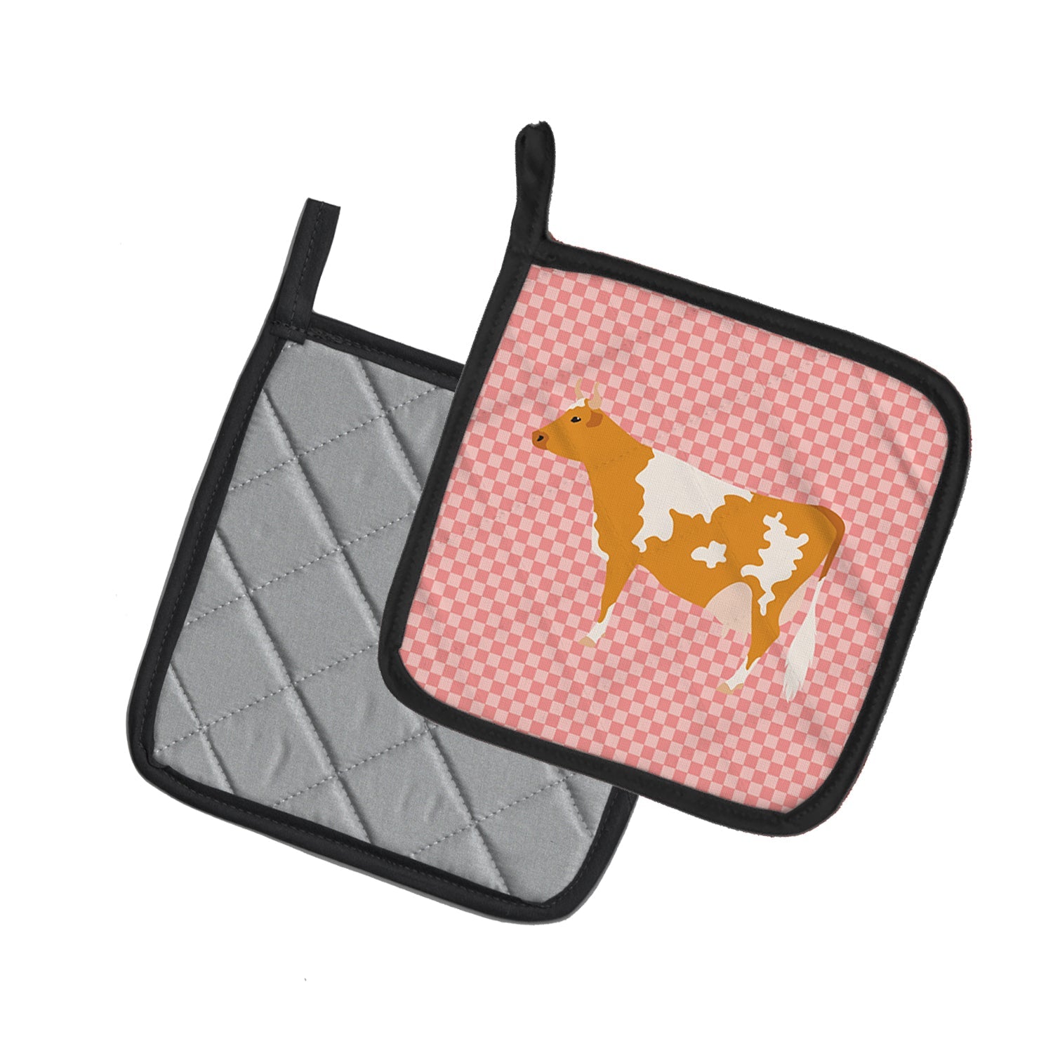 Guernsey Cow Pink Check Pot Holder Set of 2 Heat Resistant Quilted Hot Pads 7.5 x 7.5 Inch, Insulated Kitchen Trivets for Cooking & Baking