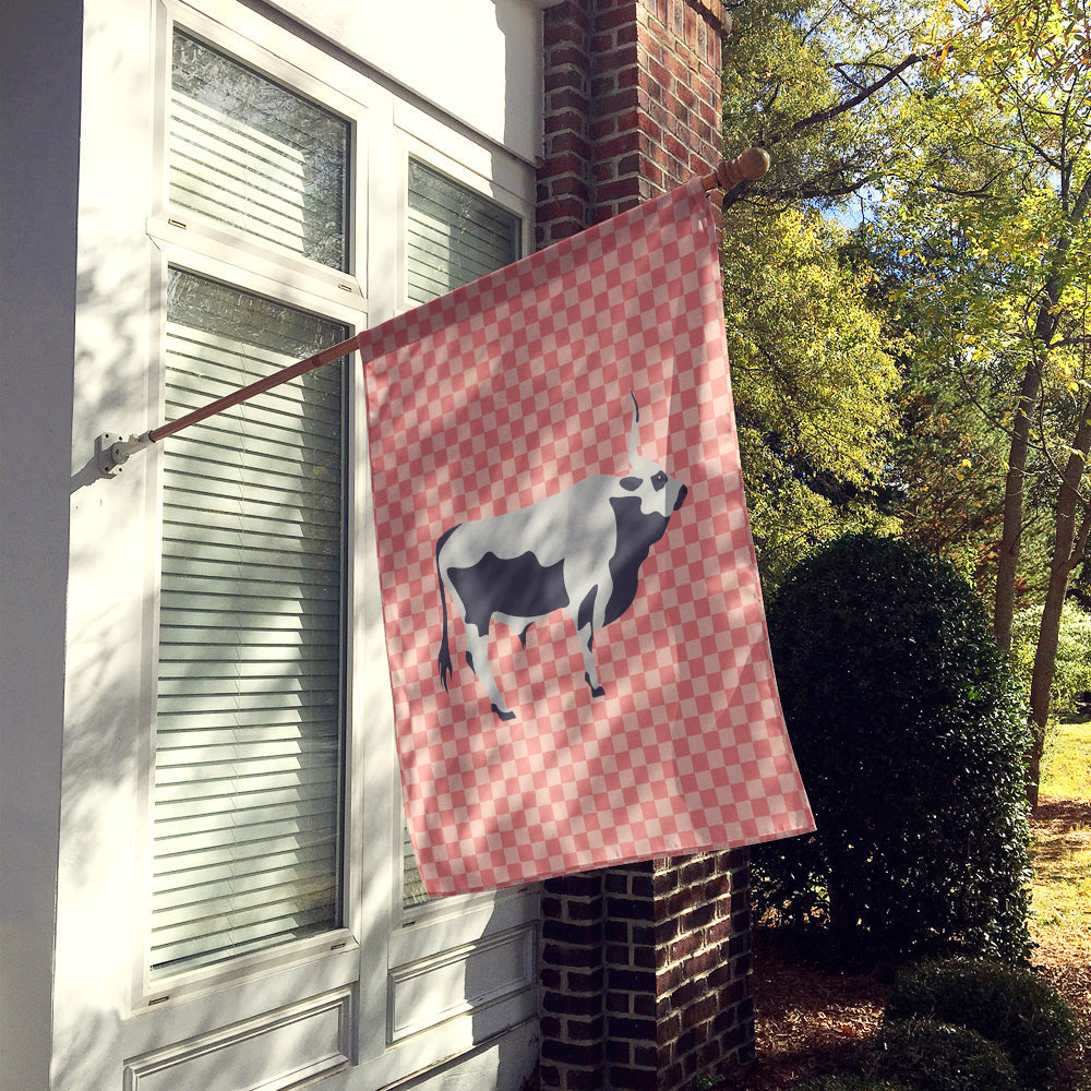 Hungarian Grey Steppe Cow Pink Check House Flag 28x40 Porch Sleeve Pole Decorative Outside Yard Banner Artwork Wall Hanging, Polyester