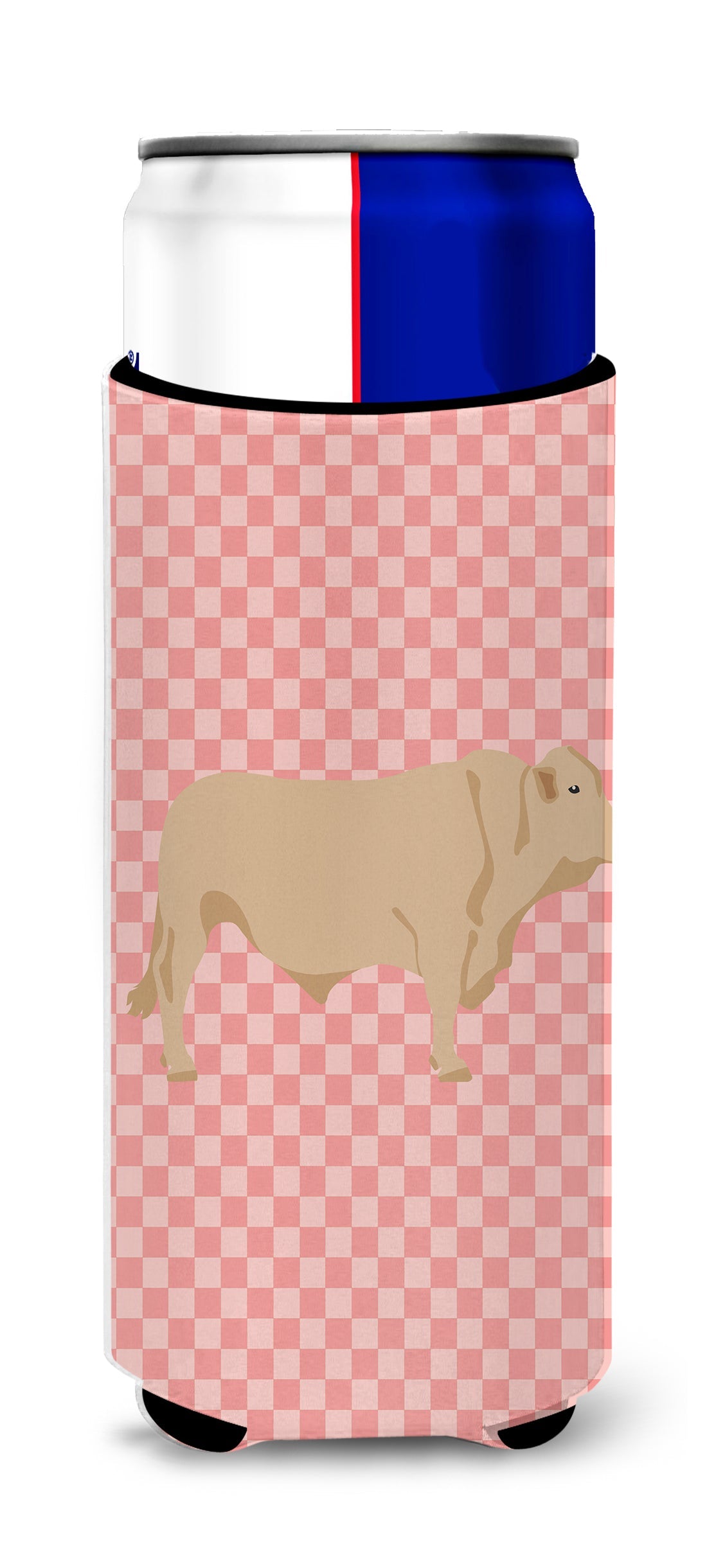 Charolais Cow Pink Check Slim Can Hugger , Insulated Foam Hugger for 12 oz Slim Cans, Beer Bottles & Water Bottles, Printed in USA