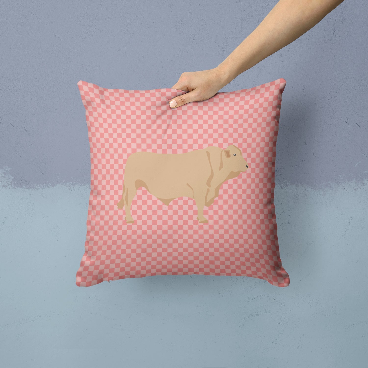 Charolais Cow Pink Check Decorative Throw Pillow 14x14 Indoor Outdoor Accent Cushion, Fabric Cover with Insert for Sofa, Bed, Porch & Living Room