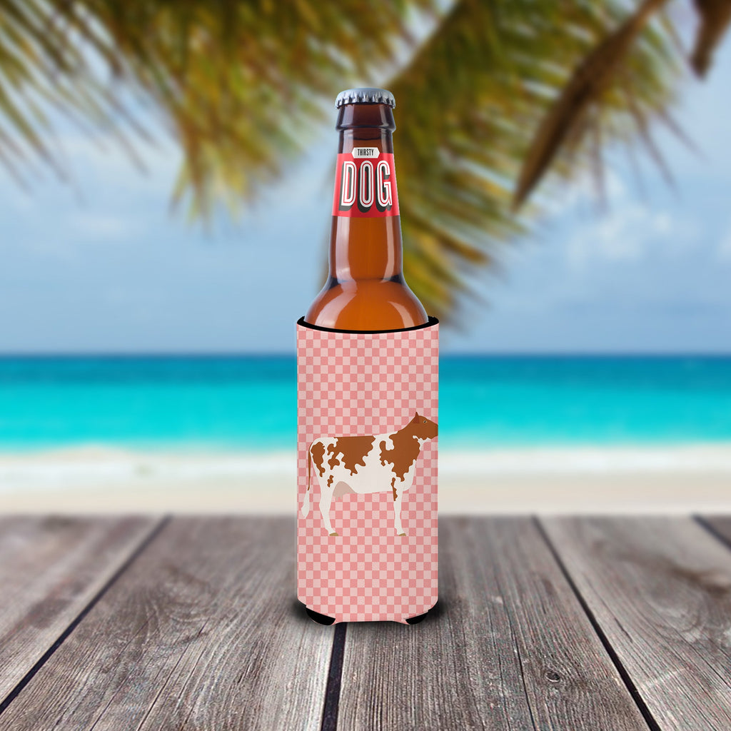 Ayrshire Cow Pink Check Slim Can Hugger , Insulated Foam Hugger for 12 oz Slim Cans, Beer Bottles & Water Bottles, Printed in USA