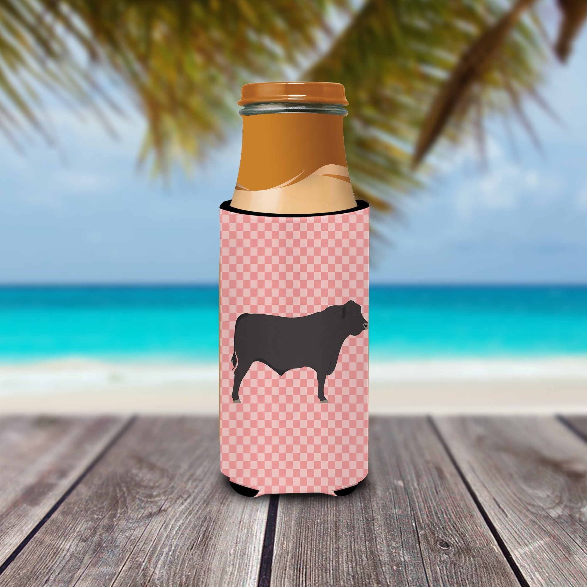 Black Angus Cow Pink Check Slim Can Hugger , Insulated Foam Hugger for 12 oz Slim Cans, Beer Bottles & Water Bottles, Printed in USA
