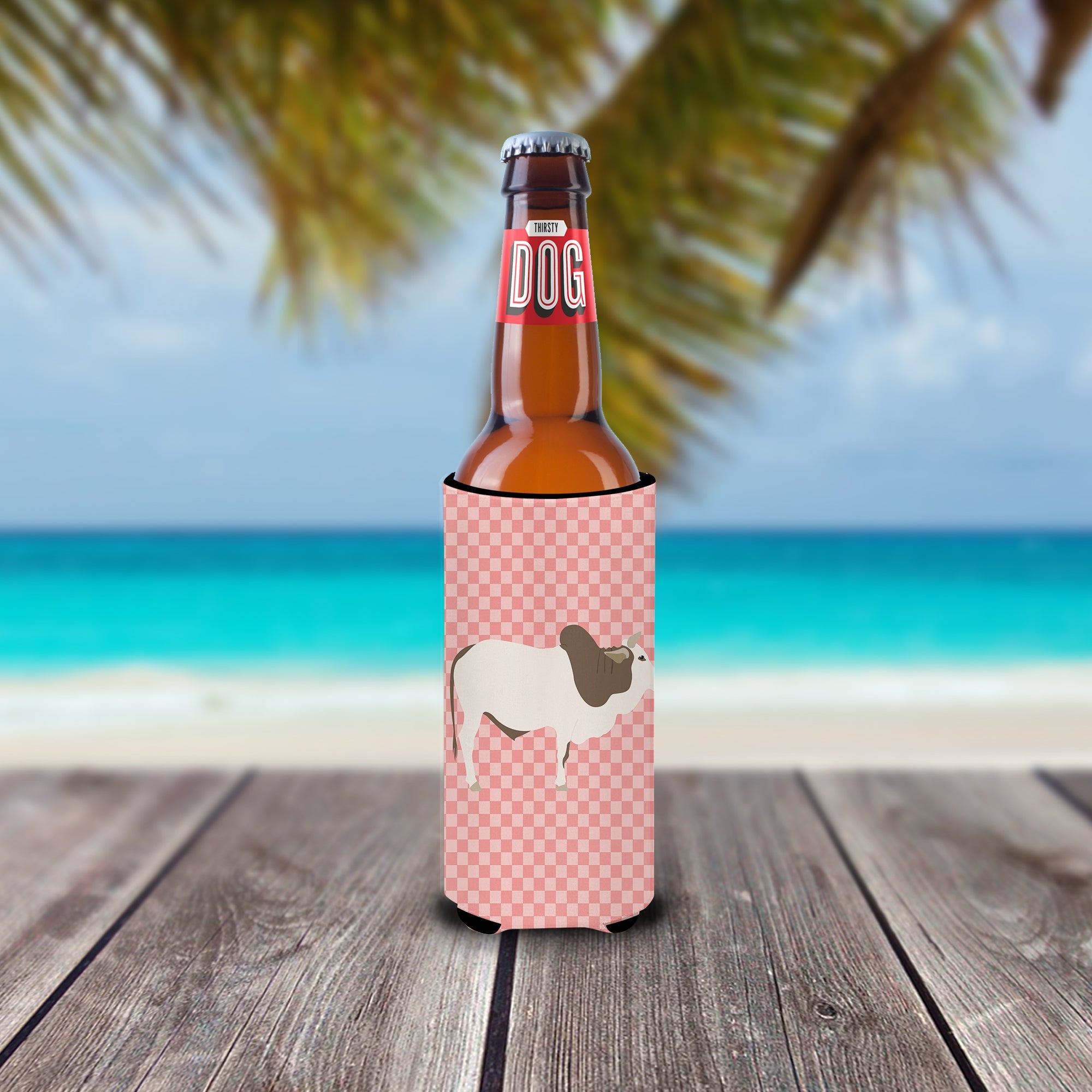 Malvi Cow Pink Check Slim Can Hugger , Insulated Foam Hugger for 12 oz Slim Cans, Beer Bottles & Water Bottles, Printed in USA