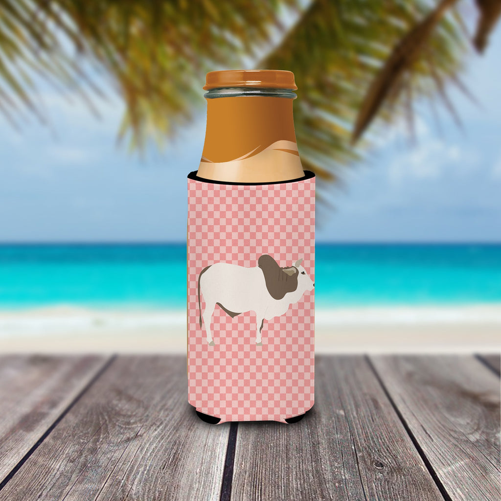 Malvi Cow Pink Check Slim Can Hugger , Insulated Foam Hugger for 12 oz Slim Cans, Beer Bottles & Water Bottles, Printed in USA