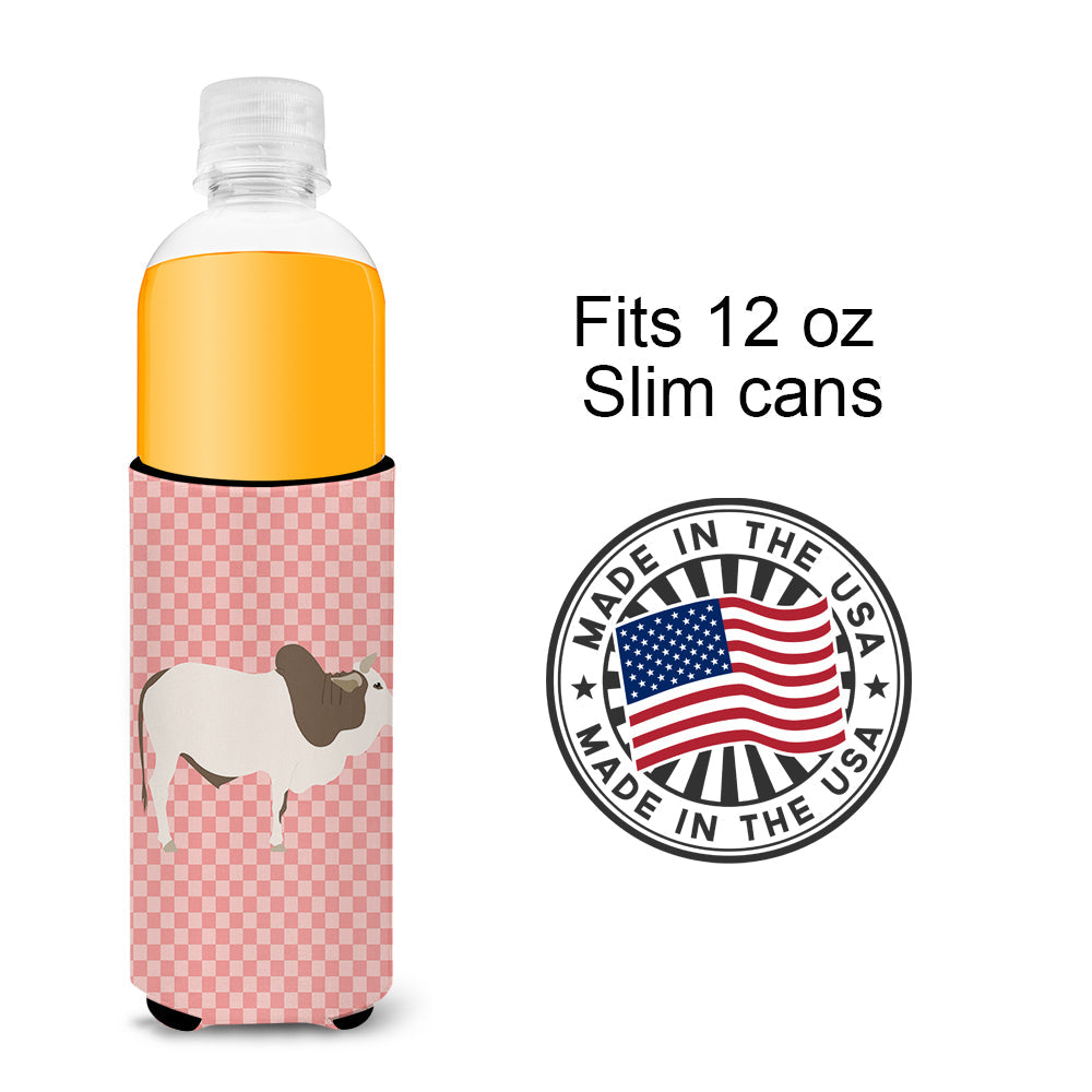 Malvi Cow Pink Check Slim Can Hugger , Insulated Foam Hugger for 12 oz Slim Cans, Beer Bottles & Water Bottles, Printed in USA