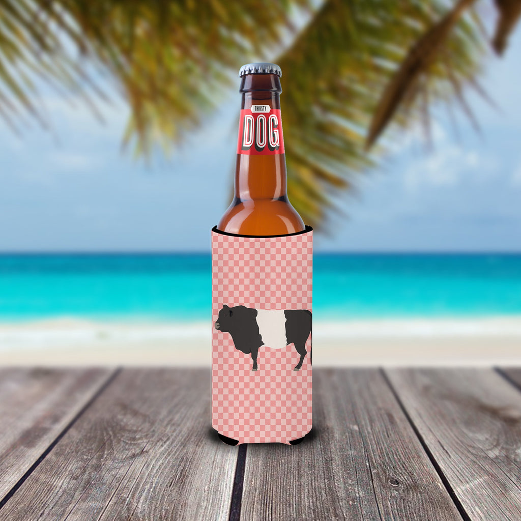 Belted Galloway Cow Pink Check Slim Can Hugger , Insulated Foam Hugger for 12 oz Slim Cans, Beer Bottles & Water Bottles, Printed in USA