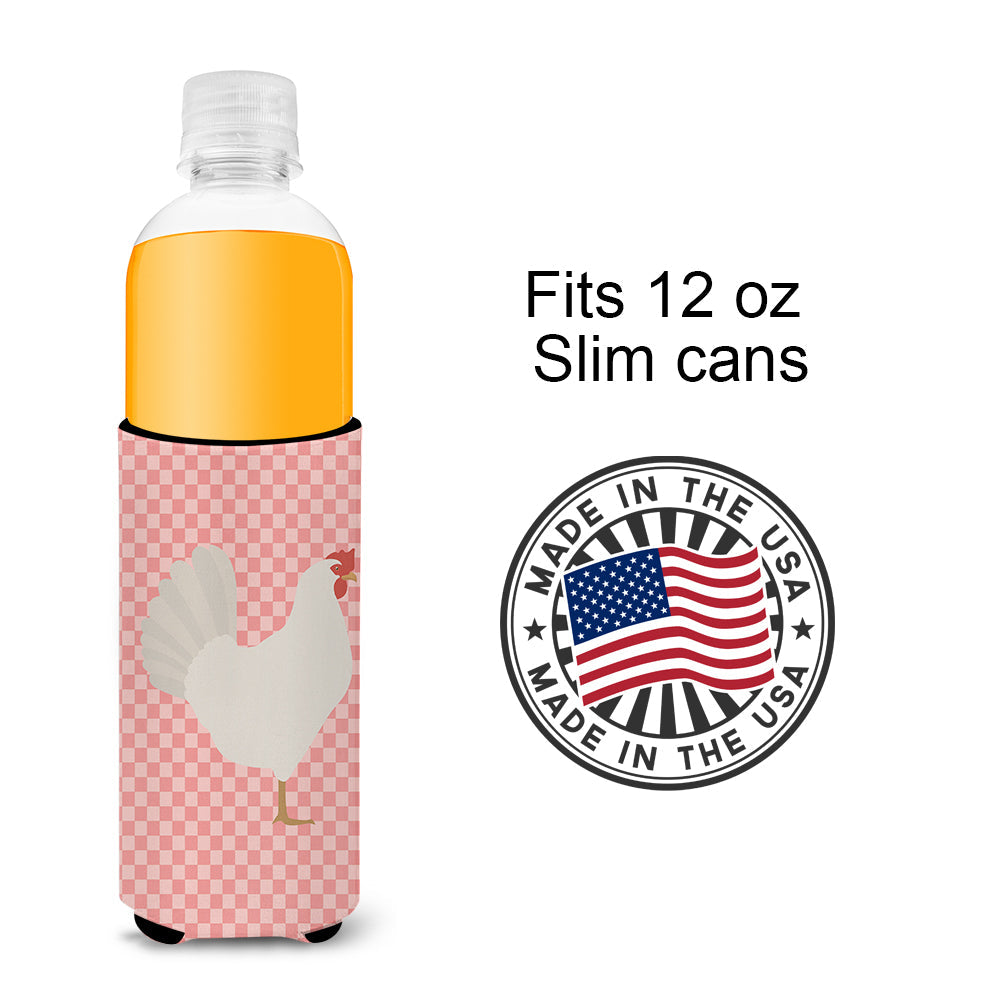 Leghorn Chicken Pink Check Slim Can Hugger , Insulated Foam Hugger for 12 oz Slim Cans, Beer Bottles & Water Bottles, Printed in USA