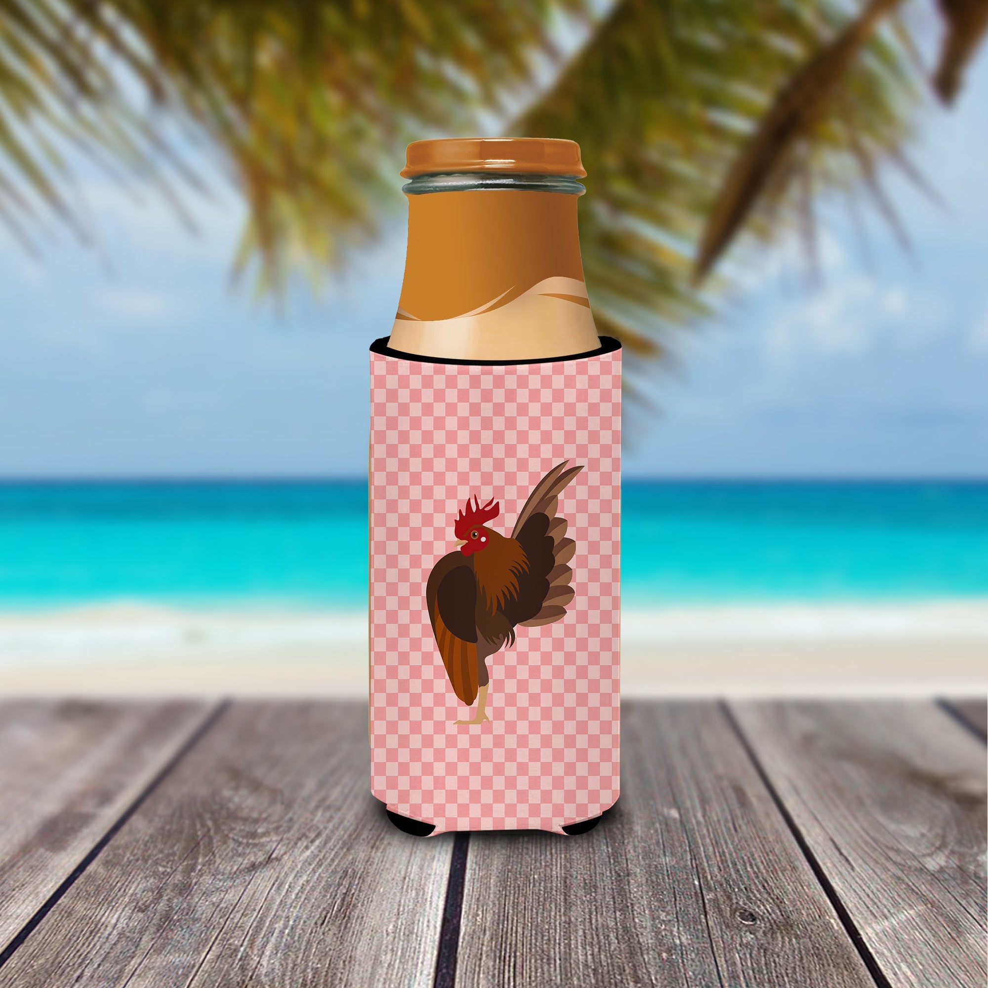 Malaysian Serama Chicken Pink Check Slim Can Hugger , Insulated Foam Hugger for 12 oz Slim Cans, Beer Bottles & Water Bottles, Printed in USA