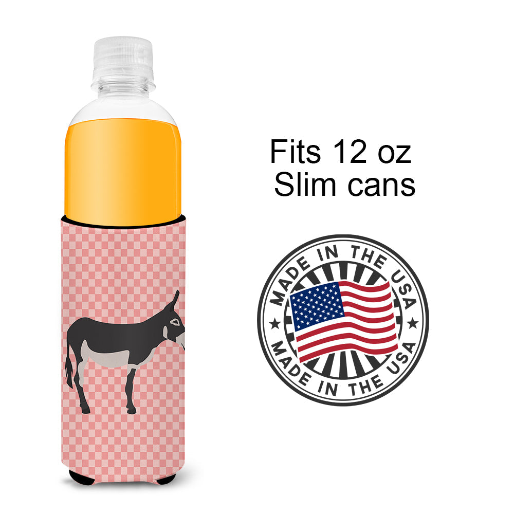 American Mammoth Jack Donkey Pink Check Slim Can Hugger , Insulated Foam Hugger for 12 oz Slim Cans, Beer Bottles & Water Bottles, Printed in USA
