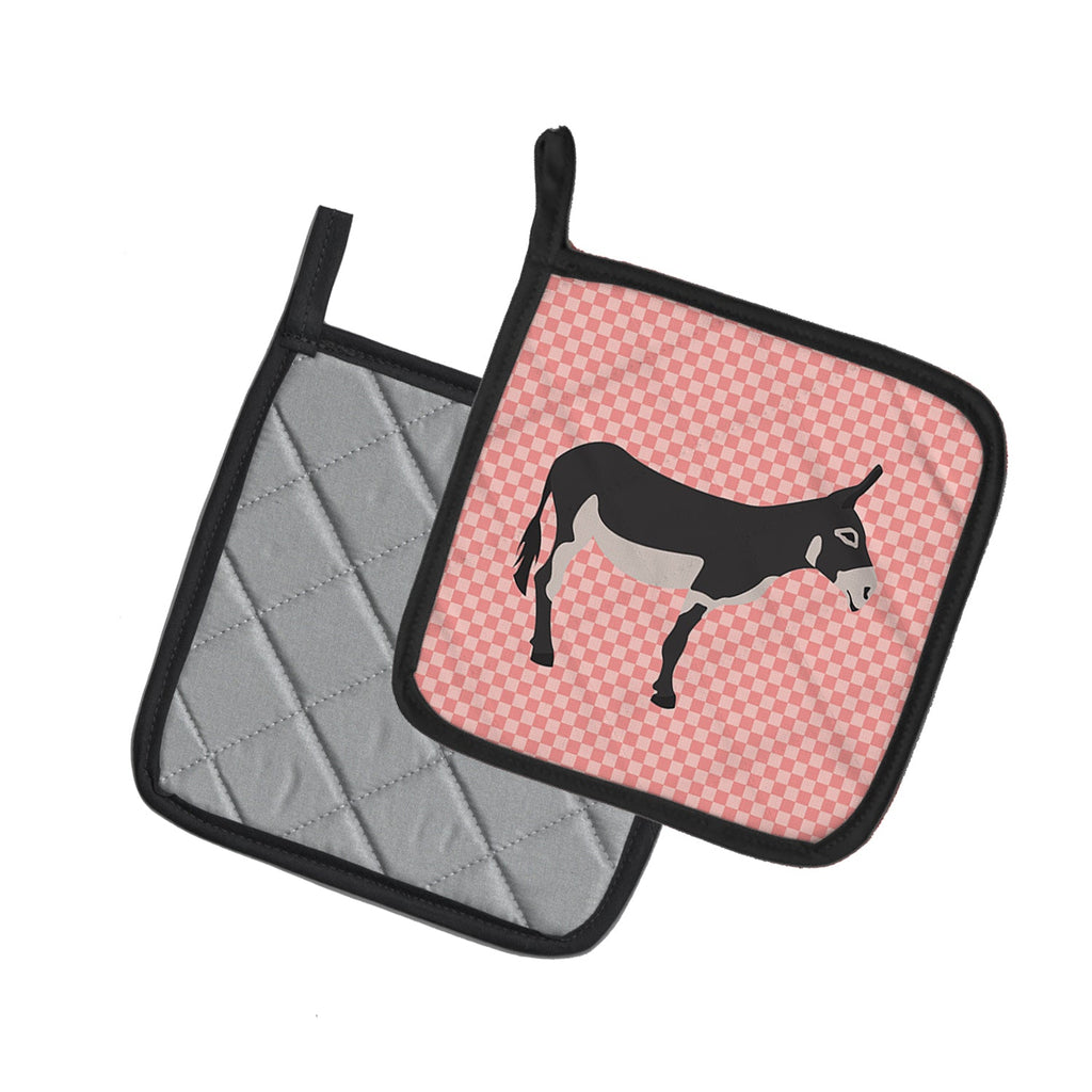 American Mammoth Jack Donkey Pink Check Pot Holder Set of 2 Heat Resistant Quilted Hot Pads 7.5 x 7.5 Inch, Insulated Kitchen Trivets for Cooking & Baking