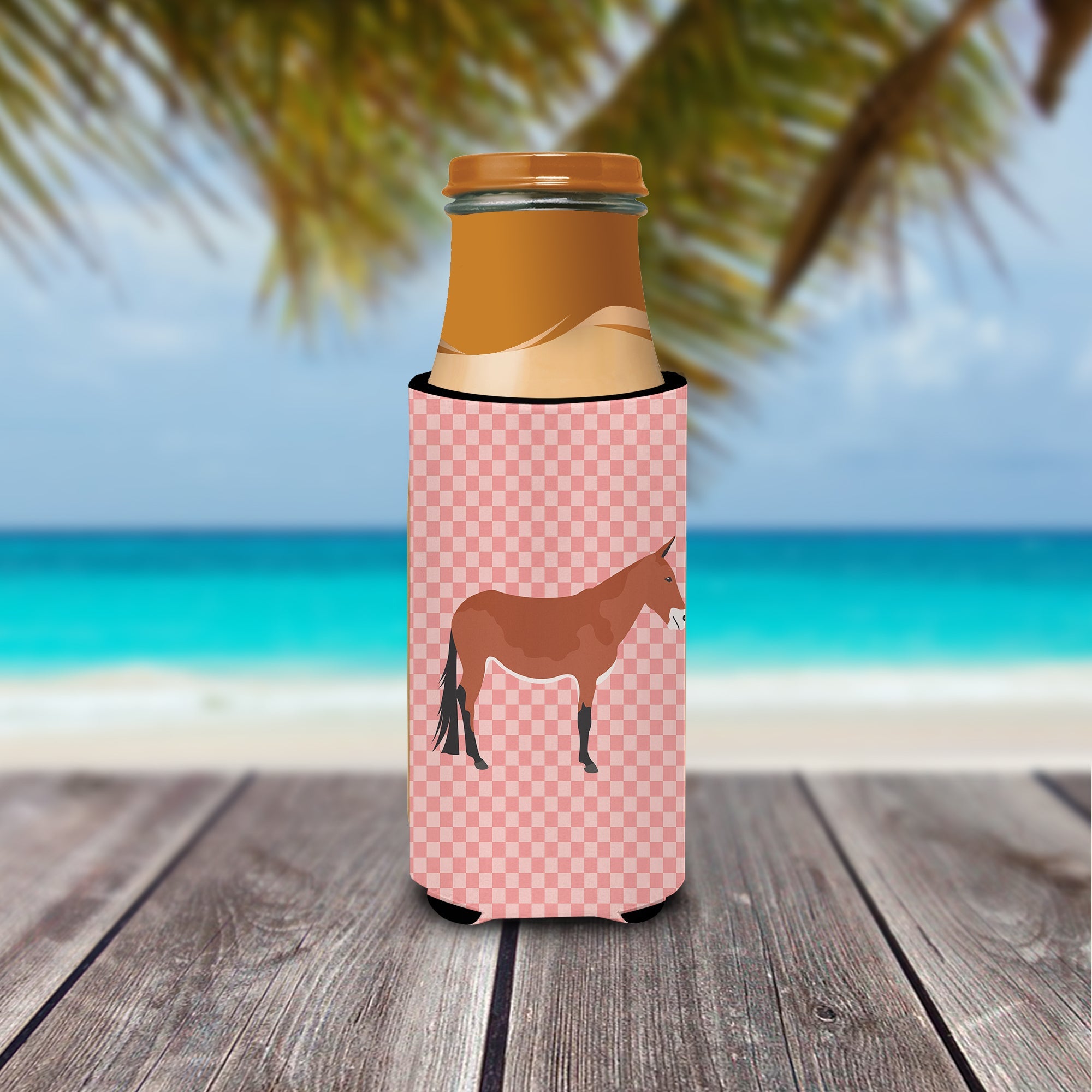 Mule Pink Check Slim Can Hugger , Insulated Foam Hugger for 12 oz Slim Cans, Beer Bottles & Water Bottles, Printed in USA