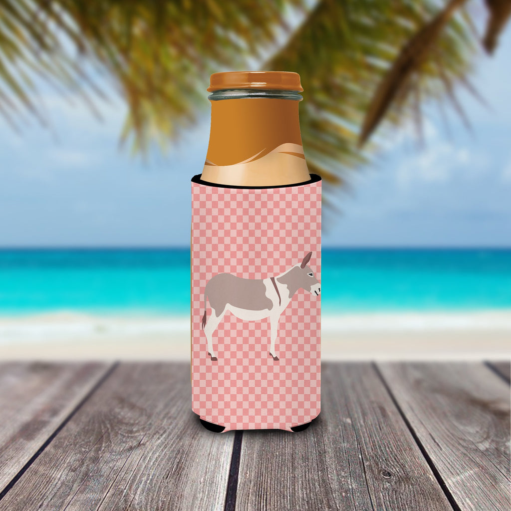 Australian Teamster Donkey Pink Check Slim Can Hugger , Insulated Foam Hugger for 12 oz Slim Cans, Beer Bottles & Water Bottles, Printed in USA