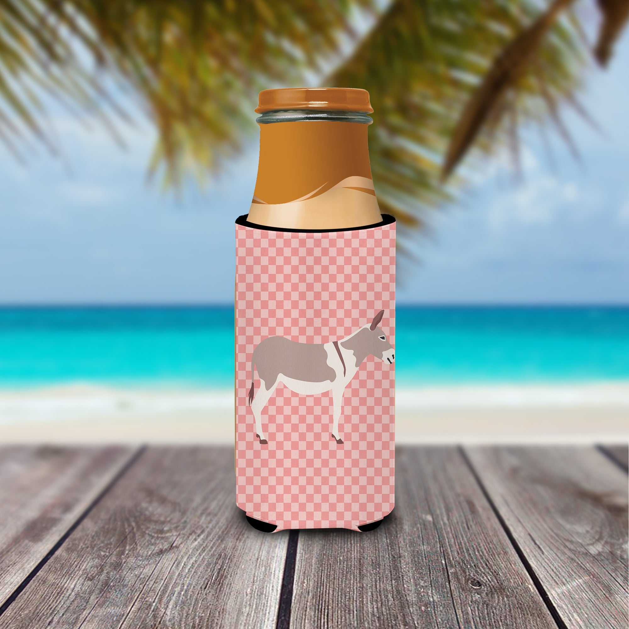 Australian Teamster Donkey Pink Check Slim Can Hugger , Insulated Foam Hugger for 12 oz Slim Cans, Beer Bottles & Water Bottles, Printed in USA