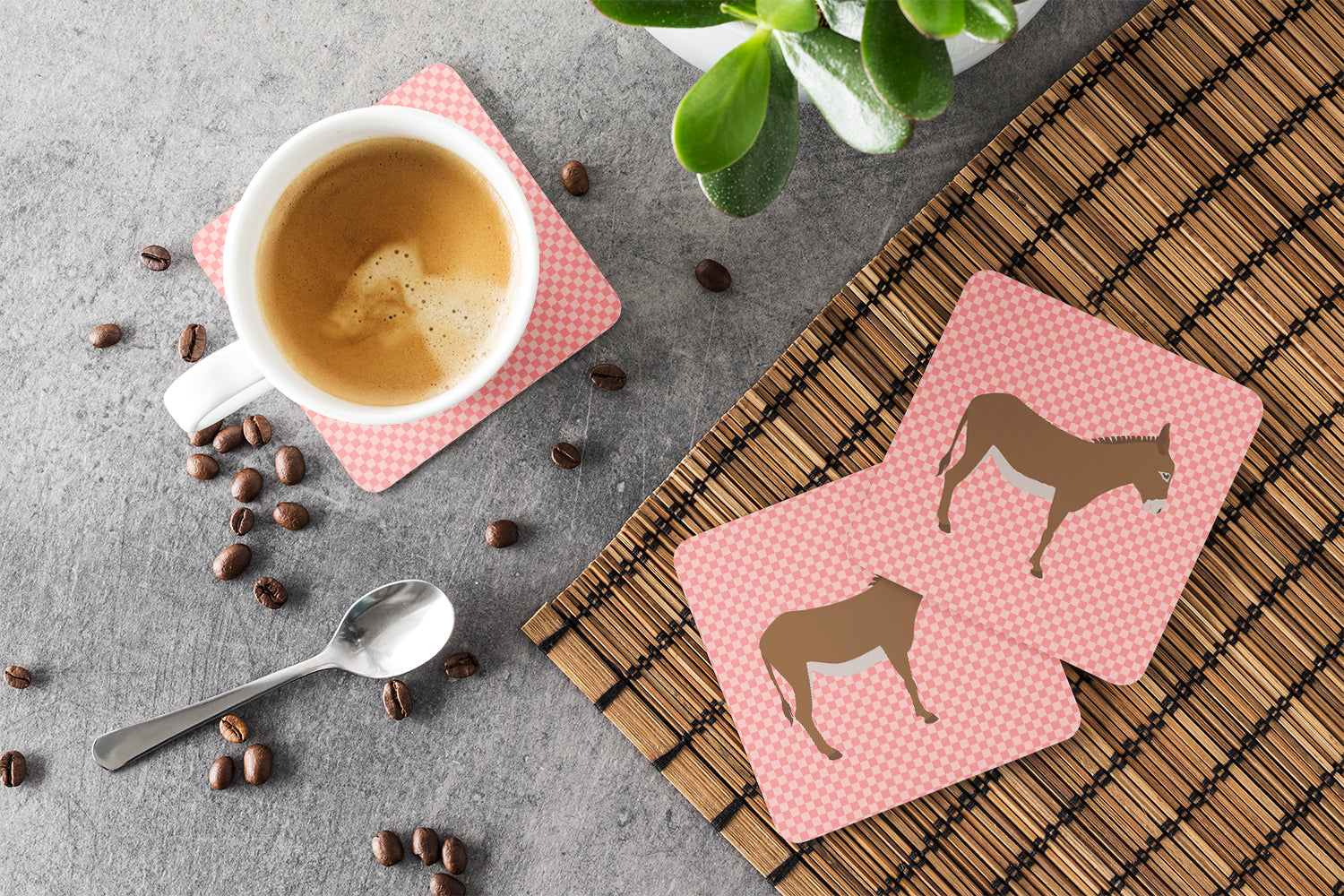 Cotentin Donkey Pink Check Foam Coasters Set of 4 Cup Coasters for Indoor Outdoor, Tabletop Protection, Anti Slip, Mouse pad Material