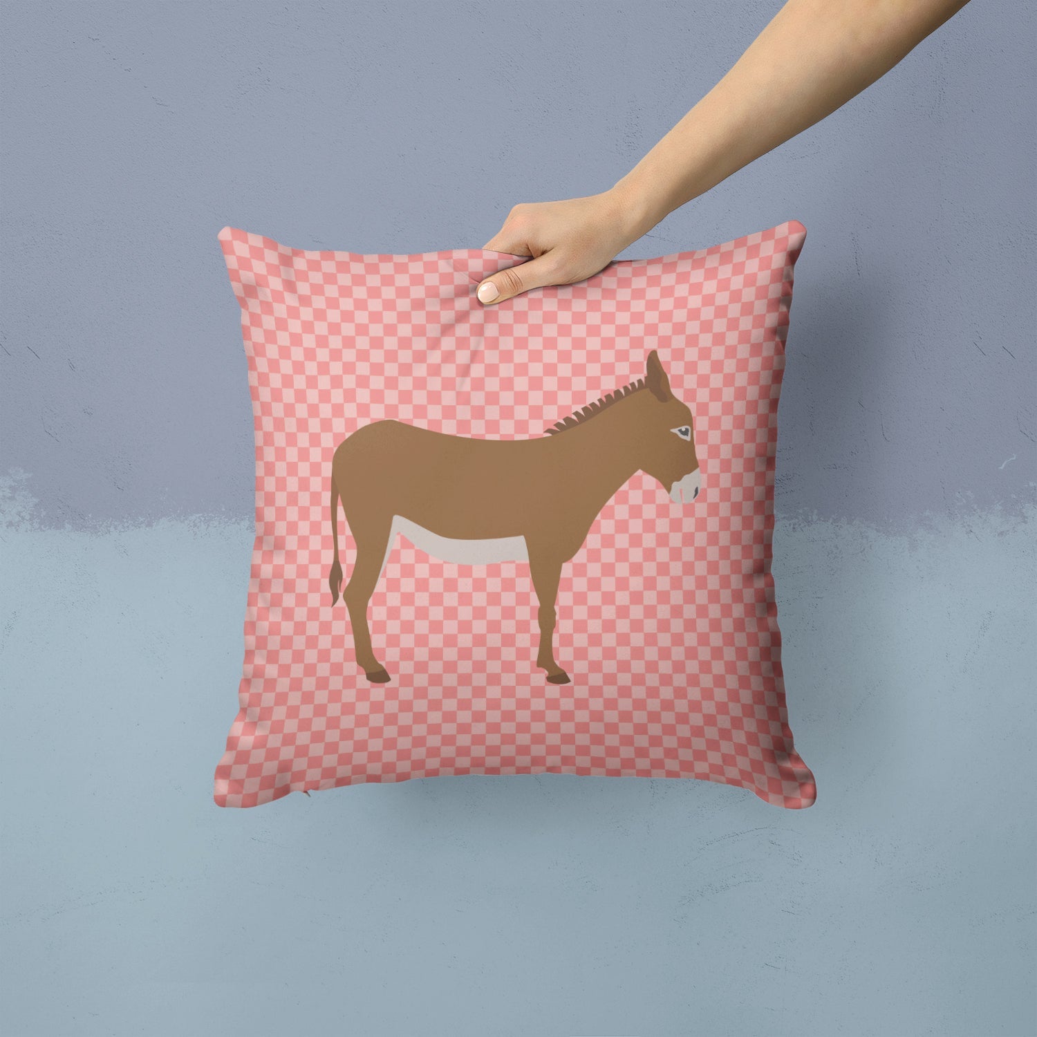Cotentin Donkey Pink Check Decorative Throw Pillow 14x14 Indoor Outdoor Accent Cushion, Fabric Cover with Insert for Sofa, Bed, Porch & Living Room