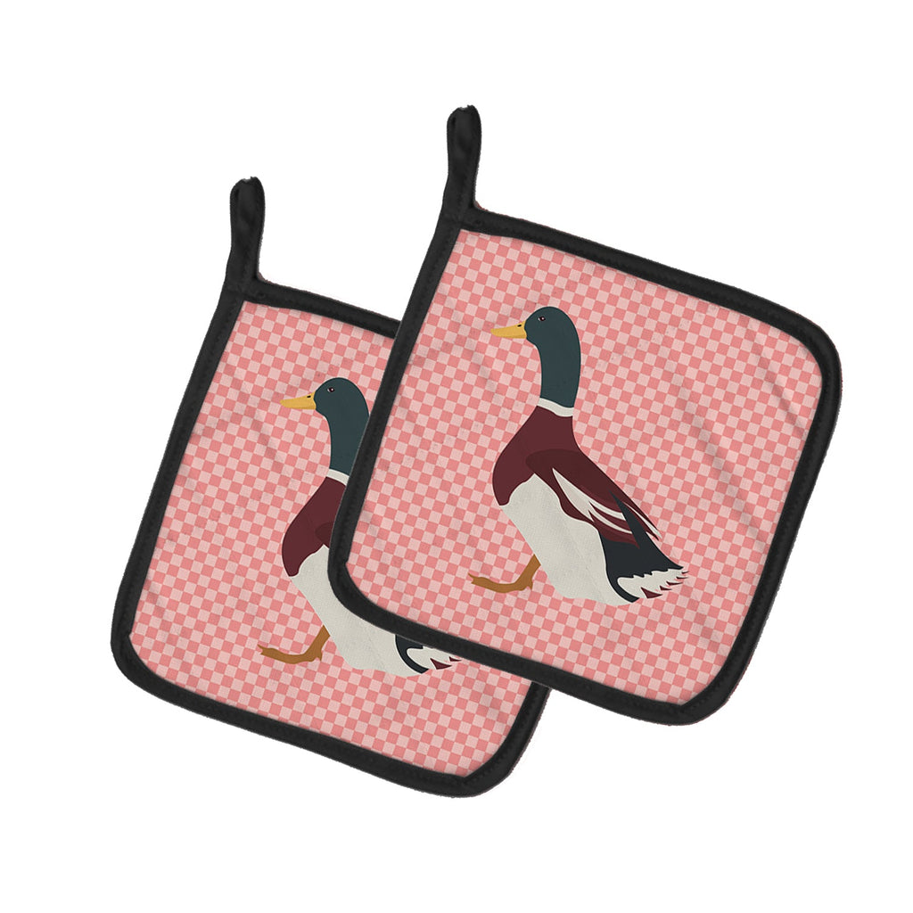 Rouen Duck Pink Check Pot Holder Set of 2 Heat Resistant Quilted Hot Pads 7.5 x 7.5 Inch, Insulated Kitchen Trivets for Cooking & Baking
