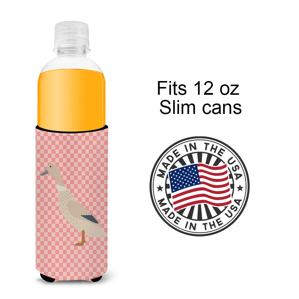 West Harlequin Duck Pink Check Slim Can Hugger , Insulated Foam Hugger for 12 oz Slim Cans, Beer Bottles & Water Bottles, Printed in USA