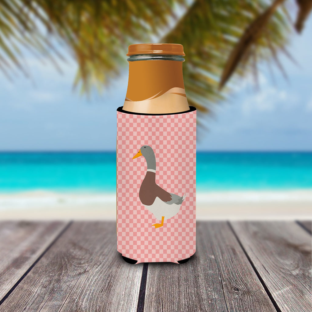 Saxony Sachsenente Duck Pink Check Slim Can Hugger , Insulated Foam Hugger for 12 oz Slim Cans, Beer Bottles & Water Bottles, Printed in USA