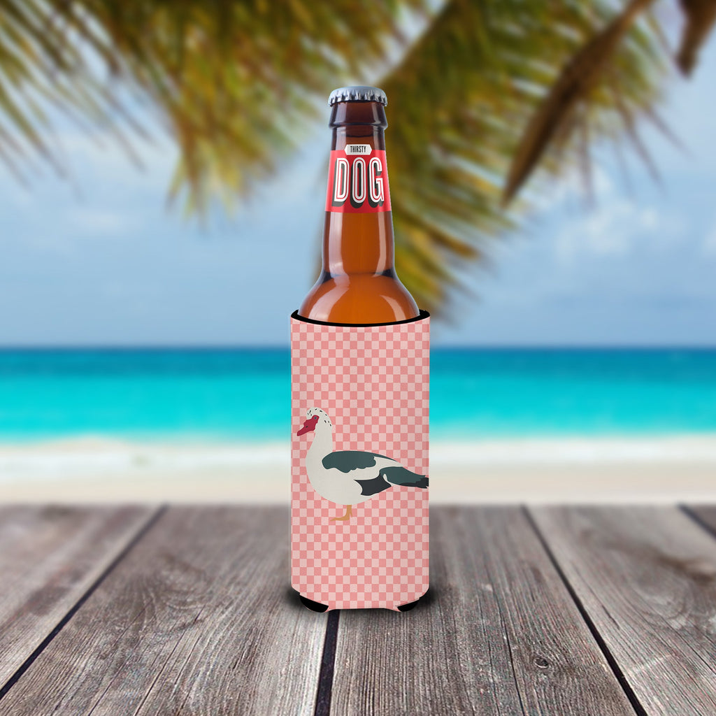 Muscovy Duck Pink Check Slim Can Hugger , Insulated Foam Hugger for 12 oz Slim Cans, Beer Bottles & Water Bottles, Printed in USA