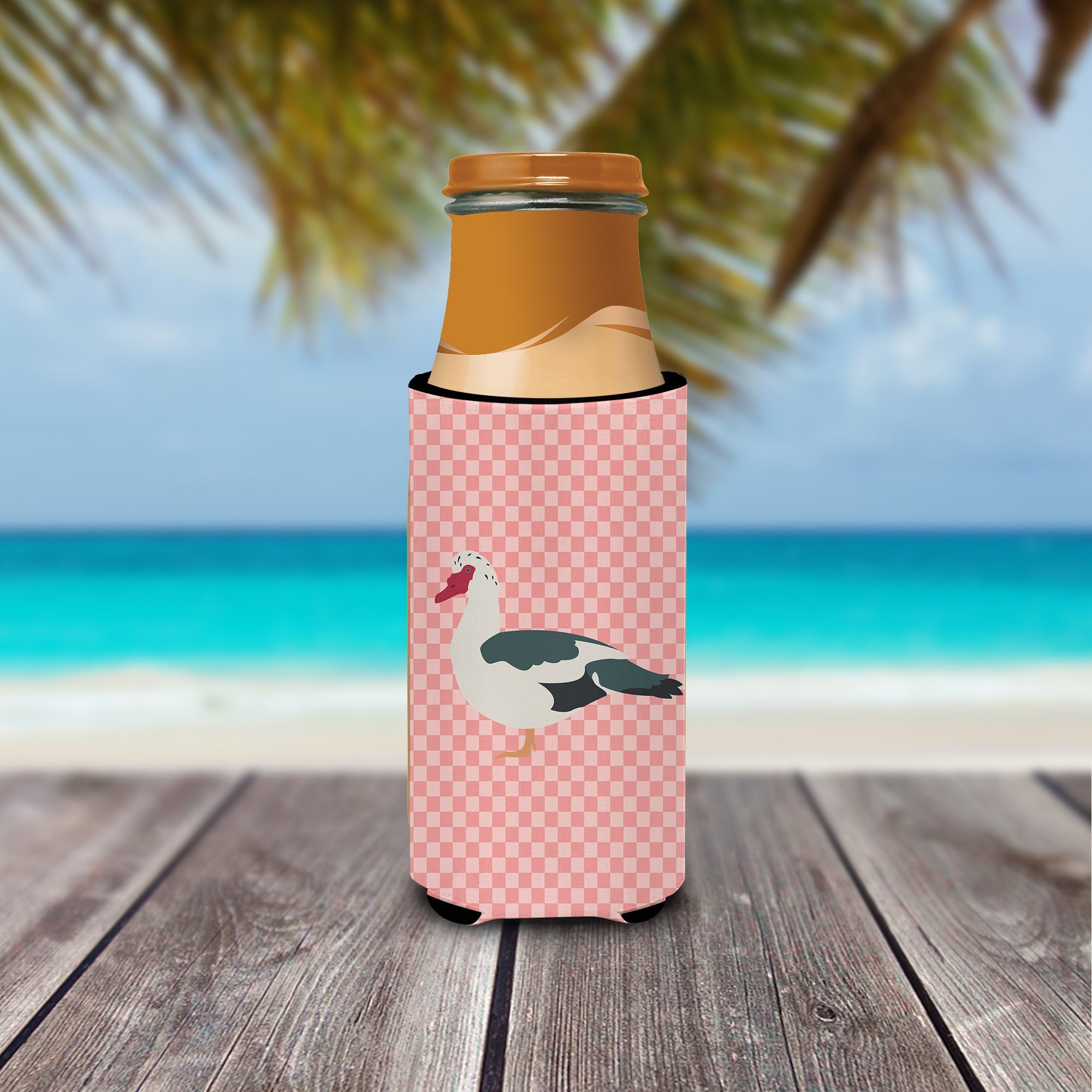 Muscovy Duck Pink Check Slim Can Hugger , Insulated Foam Hugger for 12 oz Slim Cans, Beer Bottles & Water Bottles, Printed in USA
