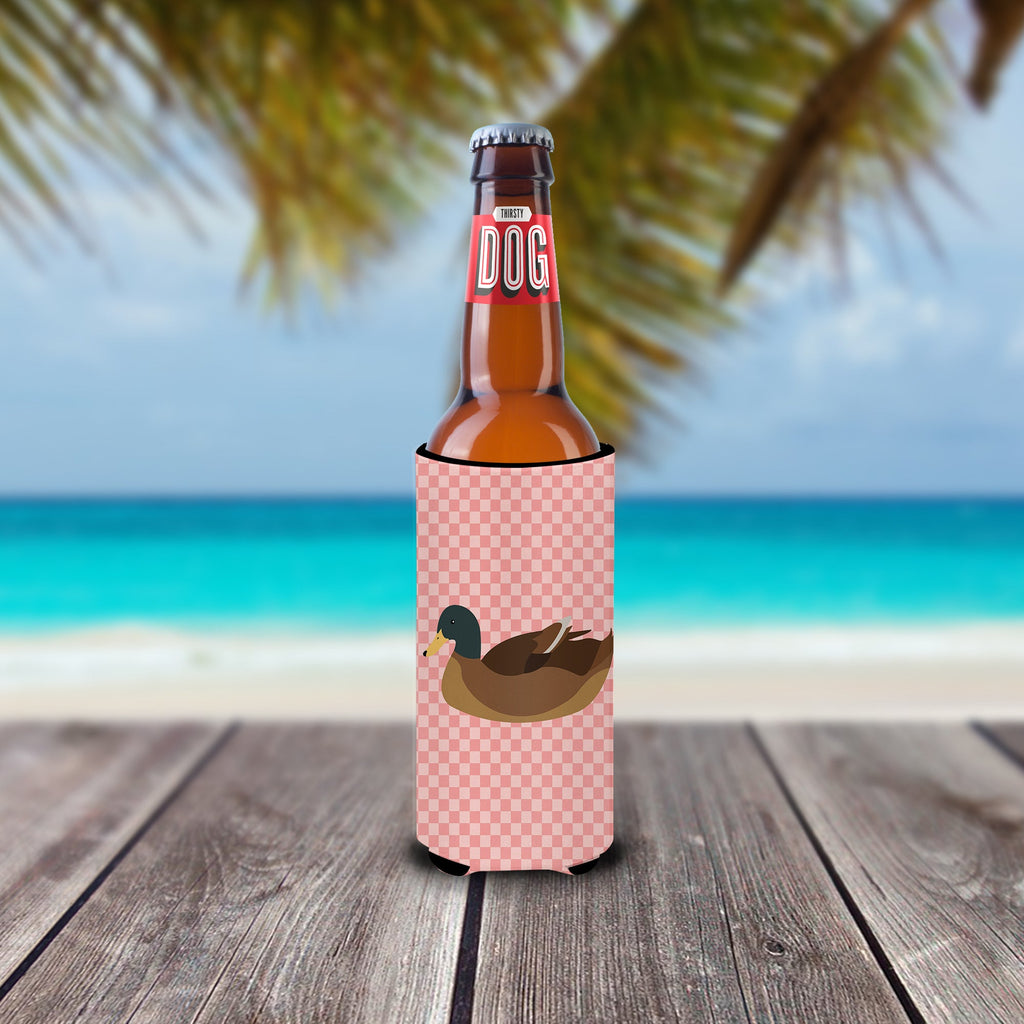Khaki Campbell Duck Pink Check Slim Can Hugger , Insulated Foam Hugger for 12 oz Slim Cans, Beer Bottles & Water Bottles, Printed in USA