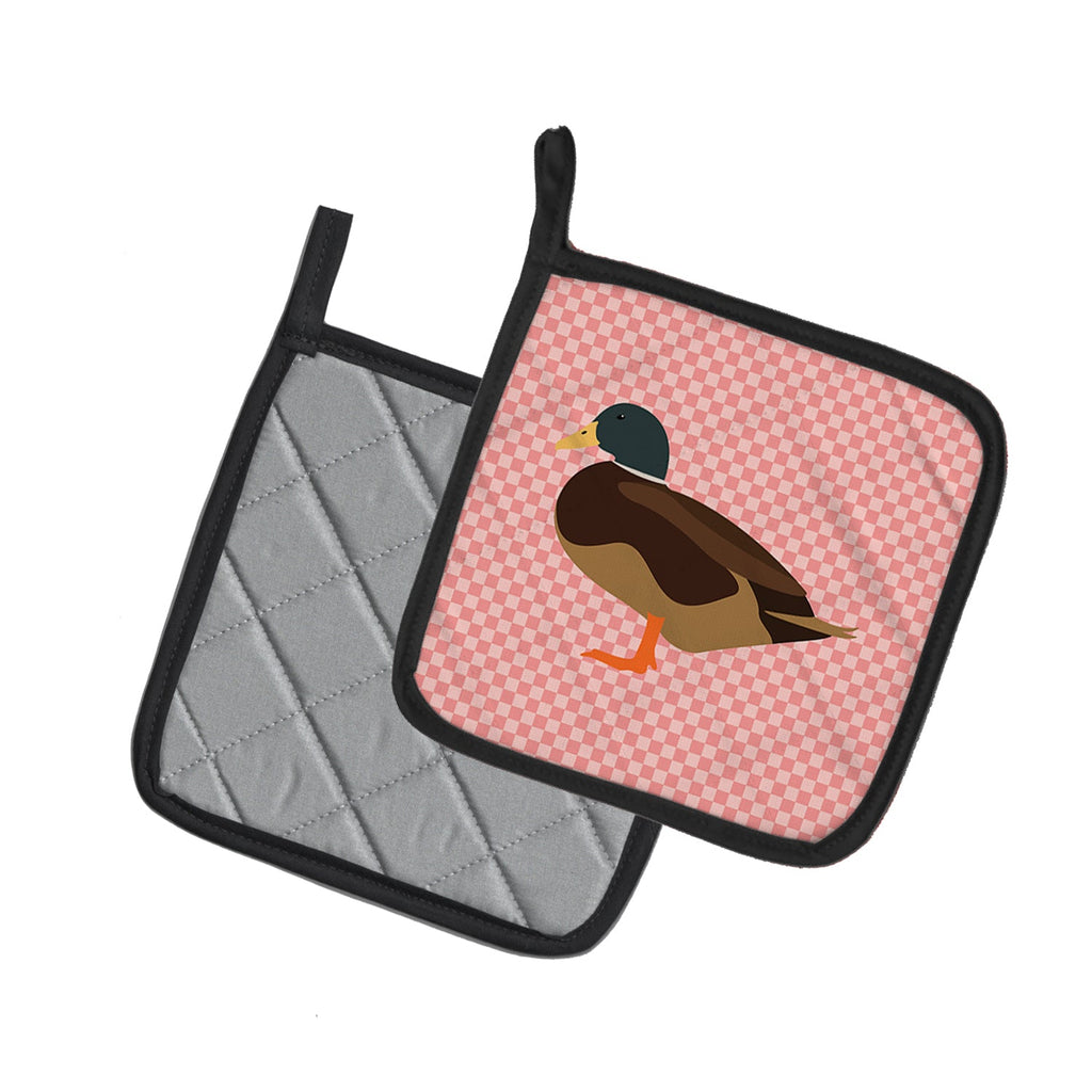Silver Bantam Duck Pink Check Pot Holder Set of 2 Heat Resistant Quilted Hot Pads 7.5 x 7.5 Inch, Insulated Kitchen Trivets for Cooking & Baking