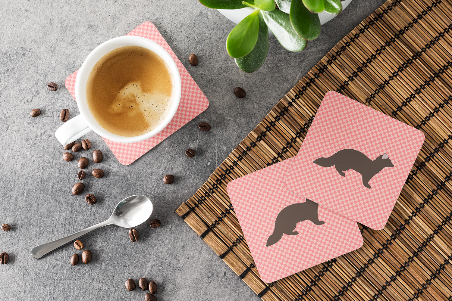 Sable Marten Pink Check Foam Coasters Set of 4 Cup Coasters for Indoor Outdoor, Tabletop Protection, Anti Slip, Mouse pad Material