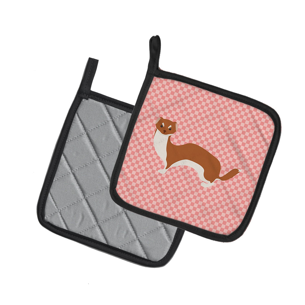 Weasel Pink Check Pot Holder Set of 2 Heat Resistant Quilted Hot Pads 7.5 x 7.5 Inch, Insulated Kitchen Trivets for Cooking & Baking