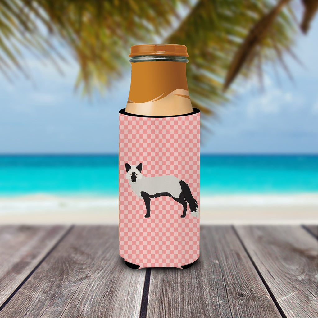 Silver Fox Pink Check Slim Can Hugger , Insulated Foam Hugger for 12 oz Slim Cans, Beer Bottles & Water Bottles, Printed in USA