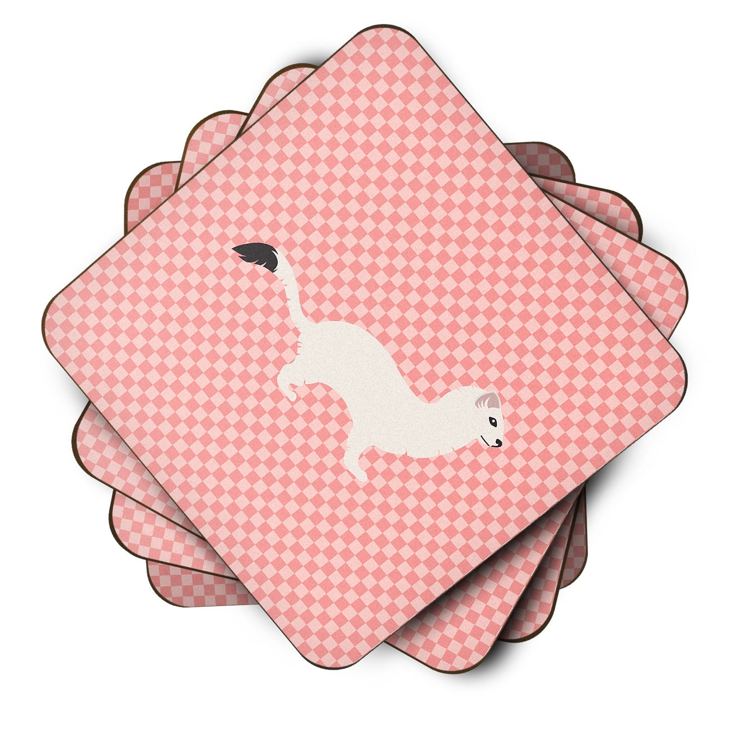 Stoat Short-tailed Weasel Pink Check Foam Coasters Set of 4 Cup Coasters for Indoor Outdoor, Tabletop Protection, Anti Slip, Mouse pad Material