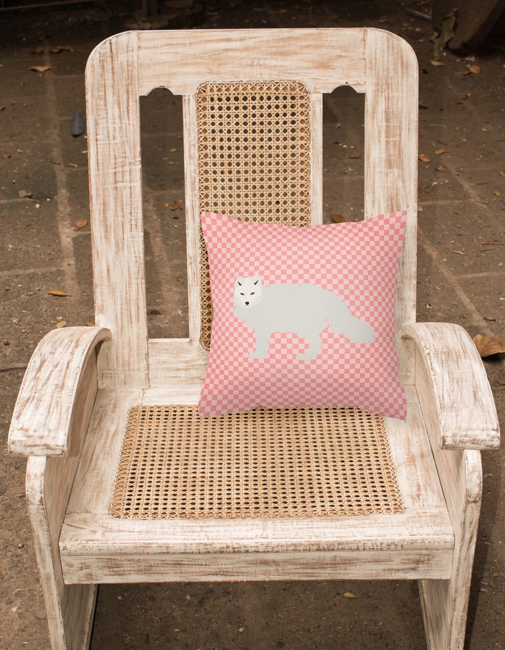 White Arctic Fox Pink Check Decorative Throw Pillow 18x18 Indoor Outdoor Accent Cushion, Fabric Cover with Insert for Sofa, Bed, Porch & Living Room