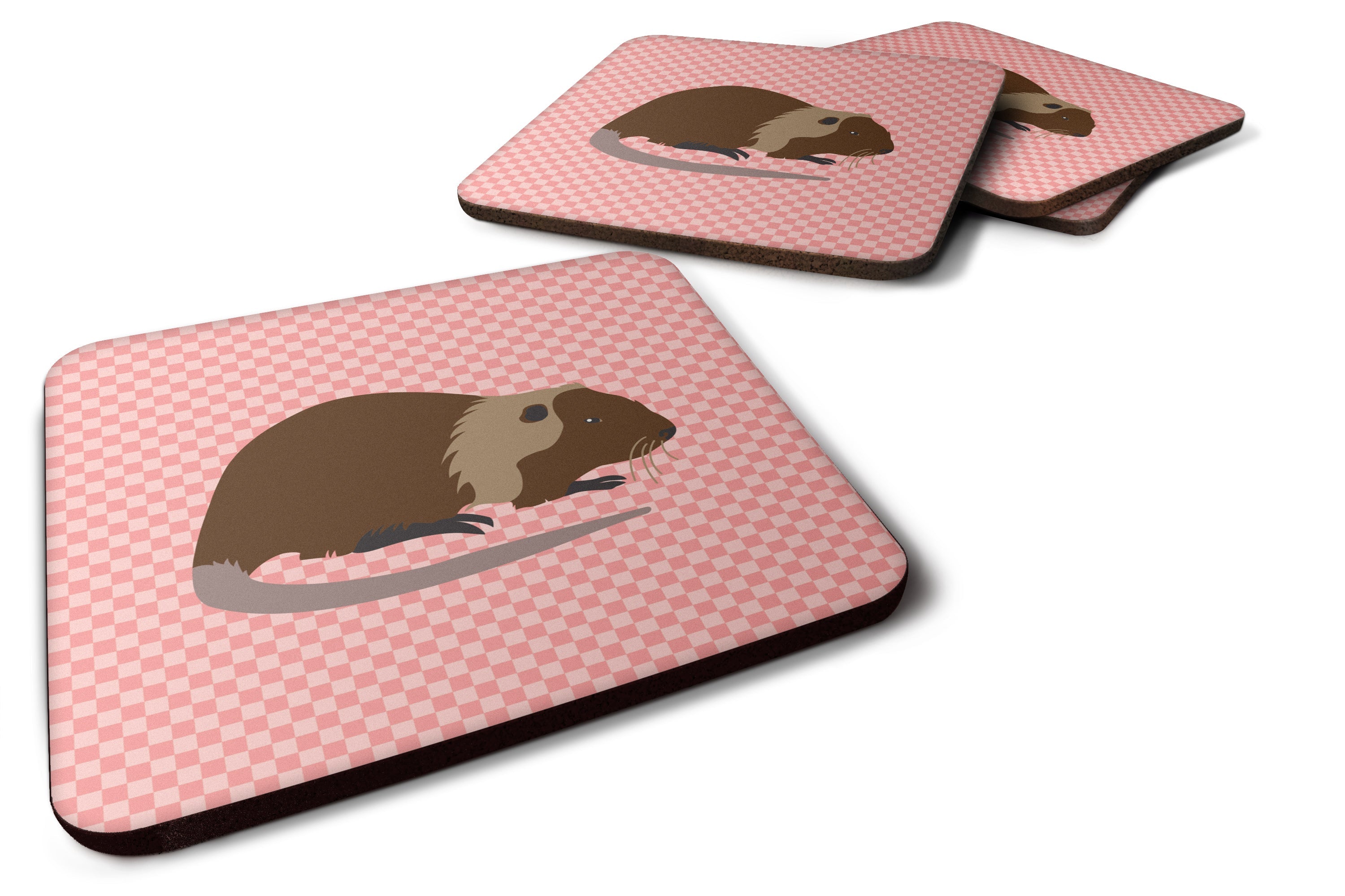 Coypu Nutria River Rat Pink Check Foam Coasters Set of 4 Cup Coasters for Indoor Outdoor, Tabletop Protection, Anti Slip, Mouse pad Material
