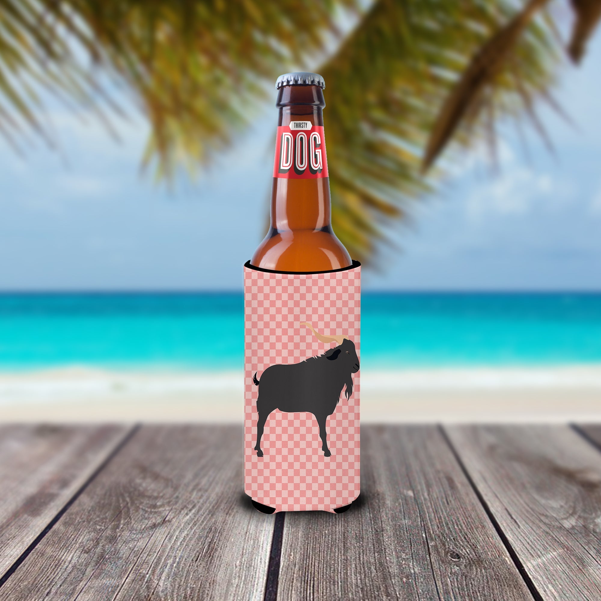 Verata Goat Pink Check Slim Can Hugger , Insulated Foam Hugger for 12 oz Slim Cans, Beer Bottles & Water Bottles, Printed in USA