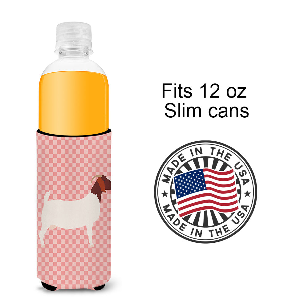 Boer Goat Pink Check Slim Can Hugger , Insulated Foam Hugger for 12 oz Slim Cans, Beer Bottles & Water Bottles, Printed in USA