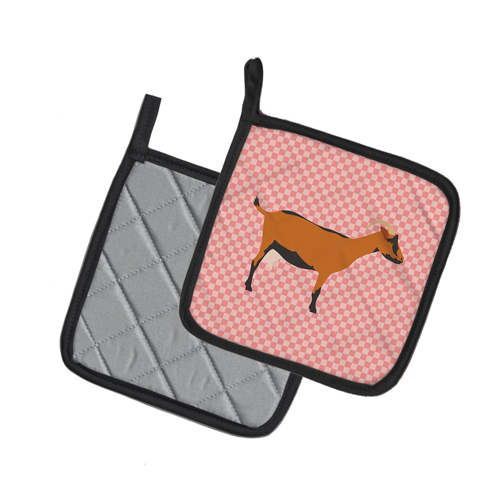 Oberhasli Goat Pink Check Pot Holder Set of 2 Heat Resistant Quilted Hot Pads 7.5 x 7.5 Inch, Insulated Kitchen Trivets for Cooking & Baking