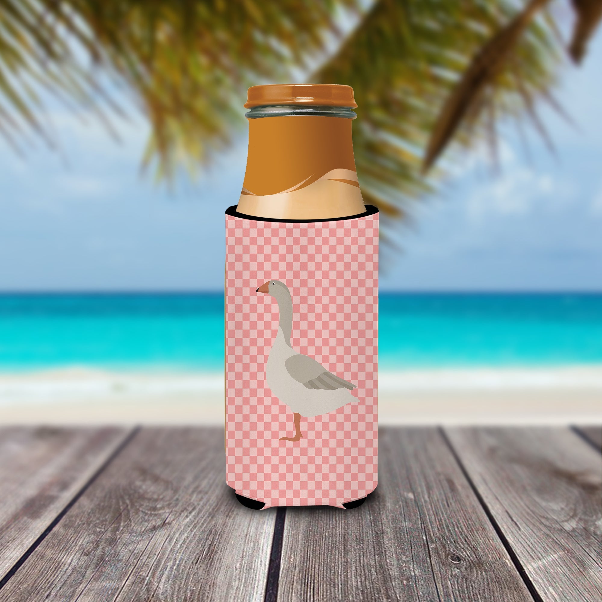 Steinbacher Goose Pink Check Slim Can Hugger , Insulated Foam Hugger for 12 oz Slim Cans, Beer Bottles & Water Bottles, Printed in USA