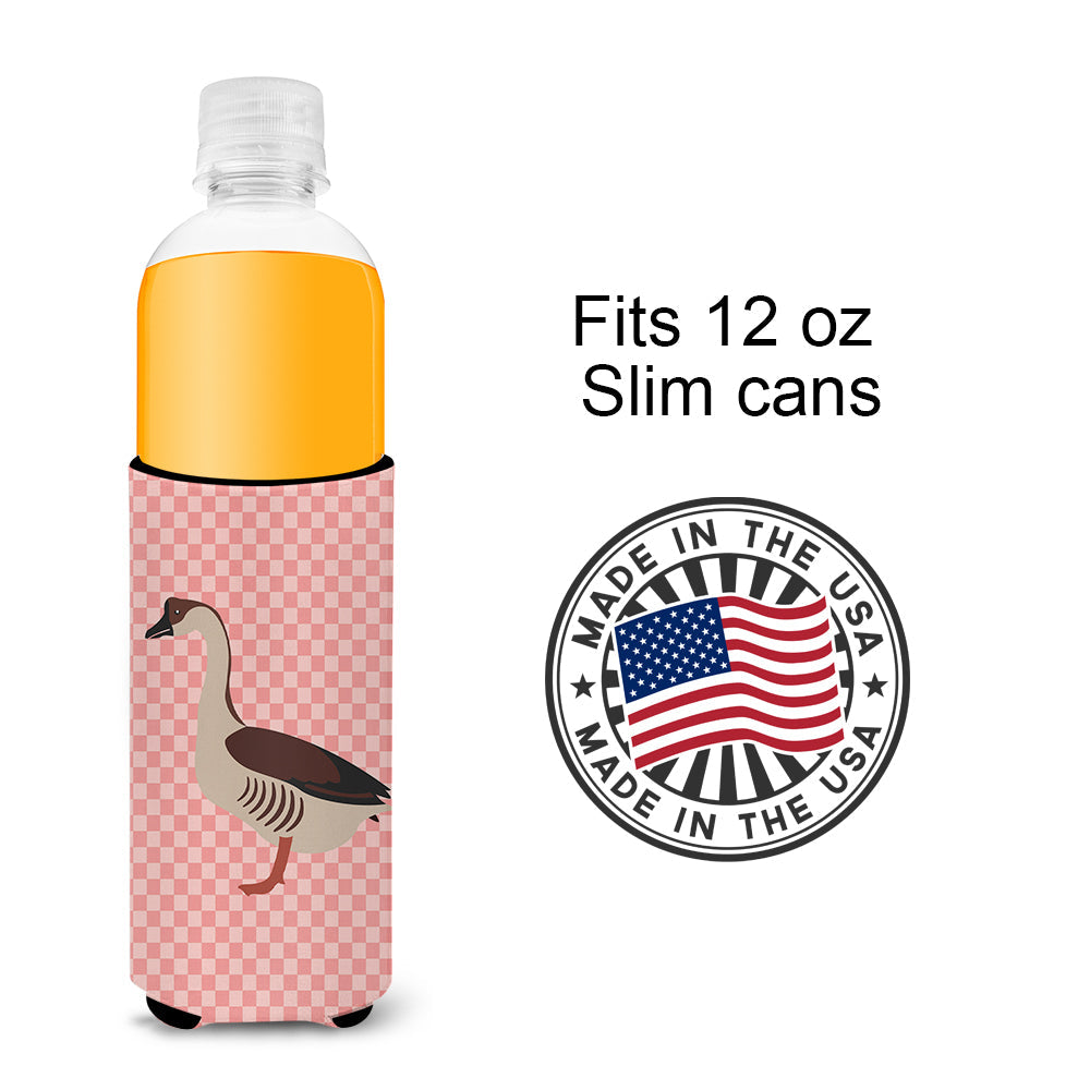 Chinese Goose Pink Check Slim Can Hugger , Insulated Foam Hugger for 12 oz Slim Cans, Beer Bottles & Water Bottles, Printed in USA
