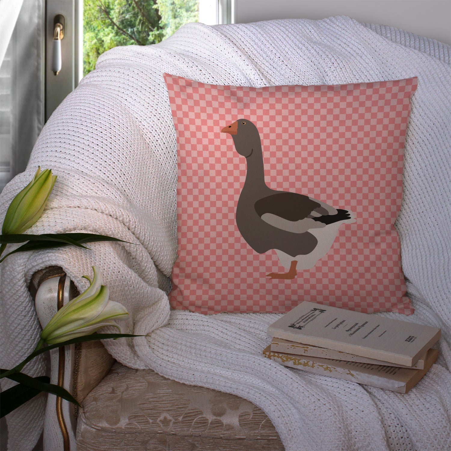 Toulouse Goose Pink Check Decorative Throw Pillow 14x14 Indoor Outdoor Accent Cushion, Fabric Cover with Insert for Sofa, Bed, Porch & Living Room