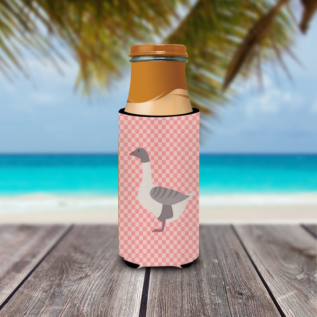 Buff Grey Back Goose Pink Check Slim Can Hugger , Insulated Foam Hugger for 12 oz Slim Cans, Beer Bottles & Water Bottles, Printed in USA
