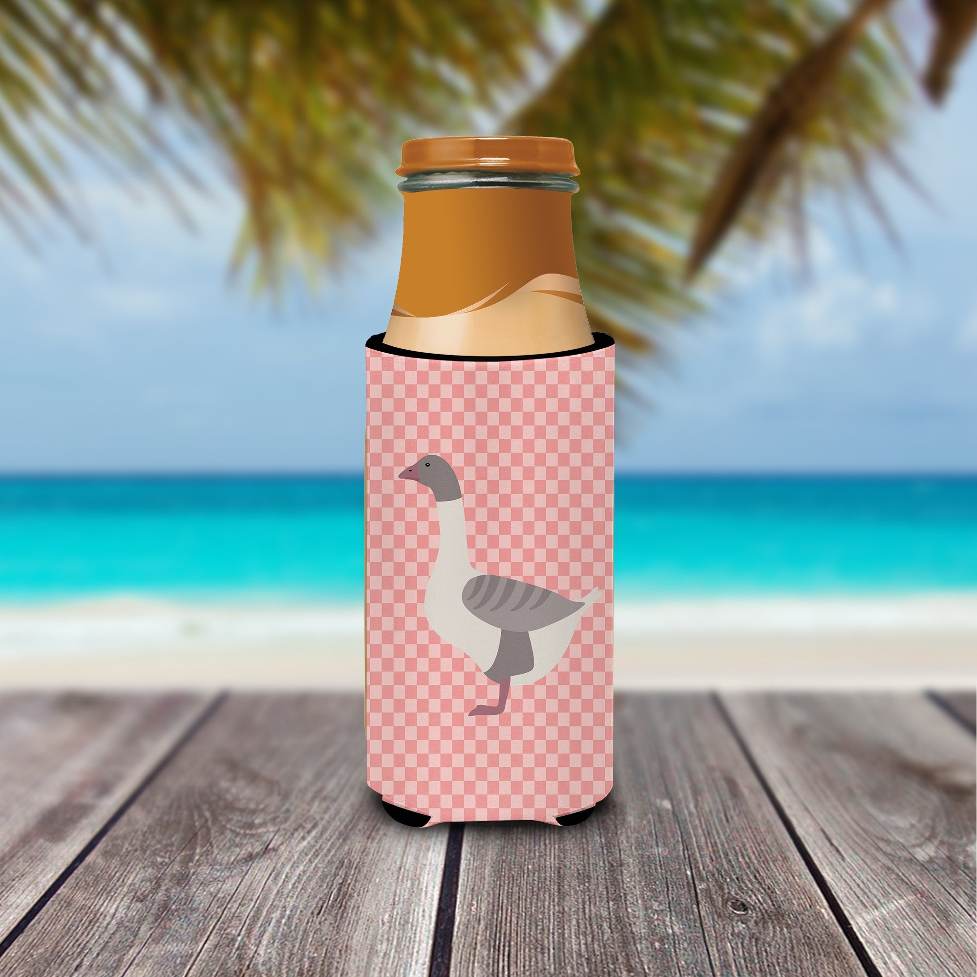Buff Grey Back Goose Pink Check Slim Can Hugger , Insulated Foam Hugger for 12 oz Slim Cans, Beer Bottles & Water Bottles, Printed in USA